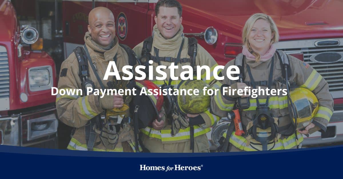 three firefighters in turnout gear smiling standing in front of fire engine truck discussing down payment assistance programs Homes for Heroes