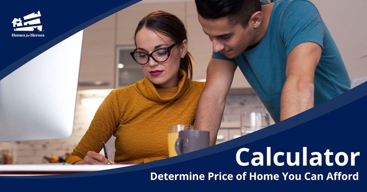 couple man standing behind woman sitting at table writing in front of computer using home affordability calculator to determine how much house can i afford Homes for Heroes