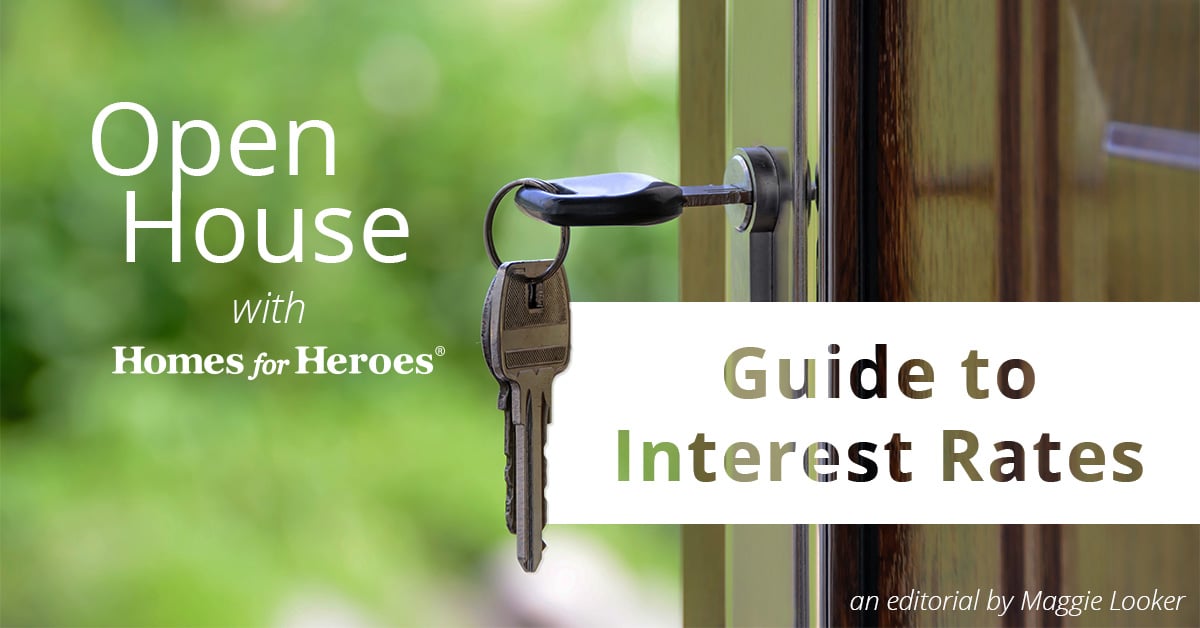 front door of a home open with a key in the lock that says guide to interest rates