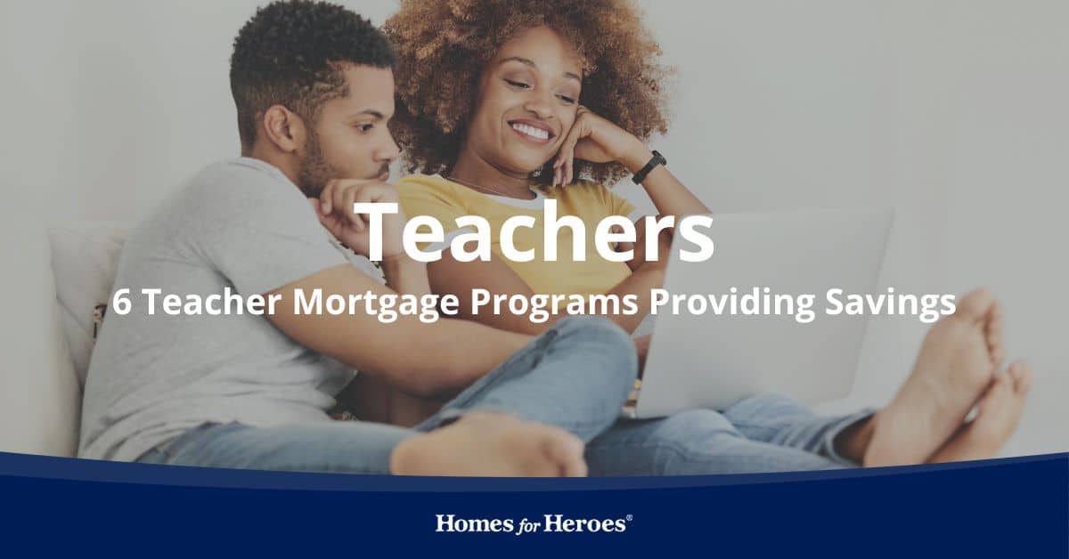 young couple sitting together on couch in house on laptop searching for teacher mortgage programs