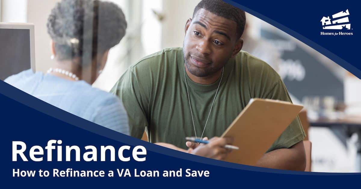 female loan officer discusses refinance va loan with male military member Homes for Heroes