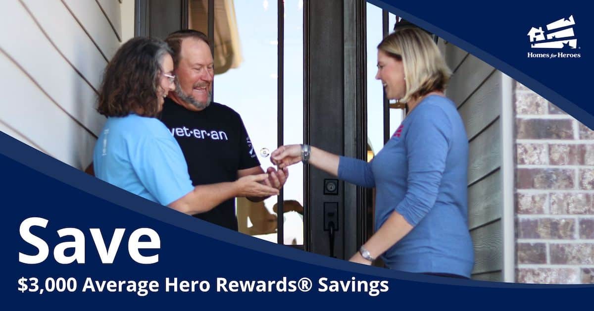 local real estate specialist shows smiling veteran what is homes for heroes while presenting savings and keys to new home on front steps