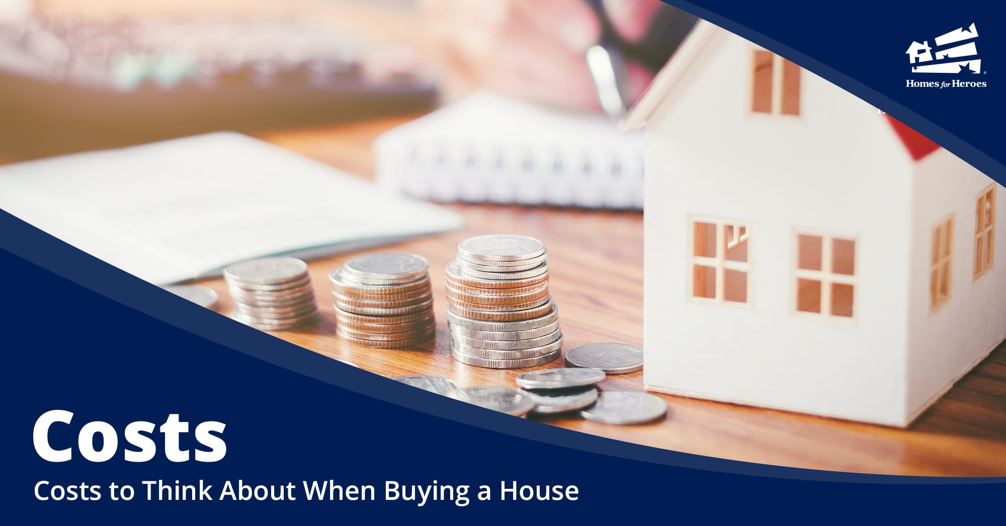 A paper house sits on a desk next to piles of stacked coins and paperwork. The blog title Costs to Think About When Buying a House is in the lower left corner.