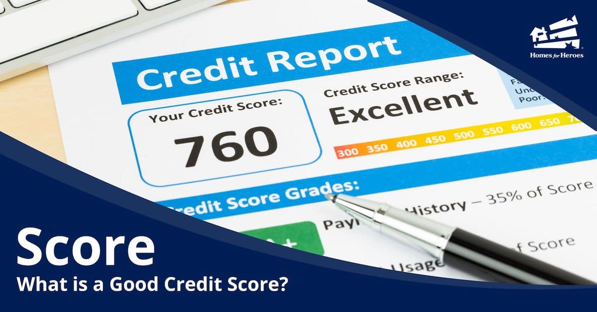 credit report summary showing good credit score next to keyboard pen Homes for Heroes