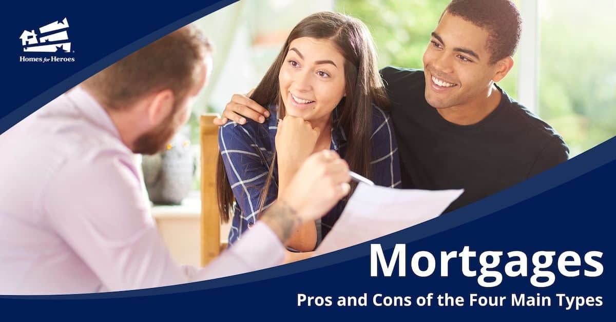 young couple meeting with lender to discuss four types of mortgage home loans and lender is showing couple loan application Homes for Heroes