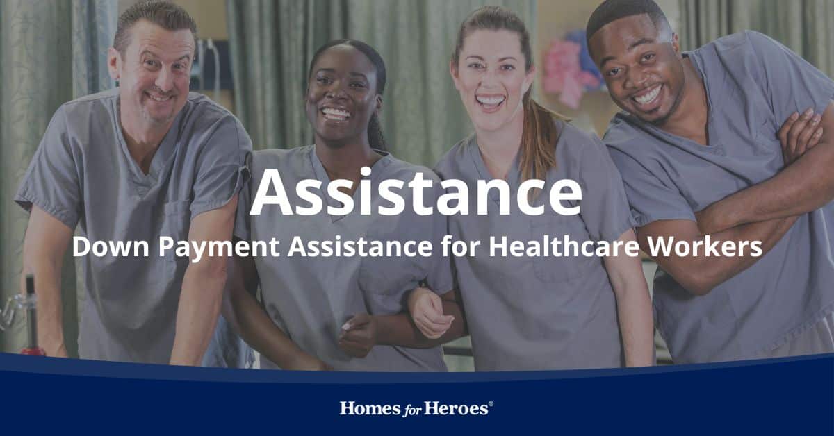 four healthcare workers on the job smiling teamwork discussing down payment assistance programs Homes for Heroes