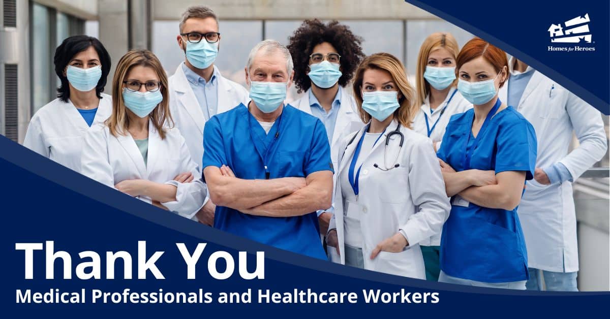 medical professional group in scrubs white jackets masks thank you healthcare workers Homes for Heroes