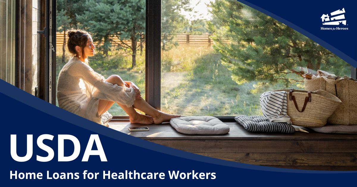 young woman sitting on window sill with cell phone beautiful country scenery after discussing usda home loans for healthcare workers with agent Homes for Heroes