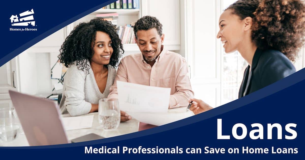 medical professional couple sit at desk with lender discussing savings on home loans Homes for Heroes