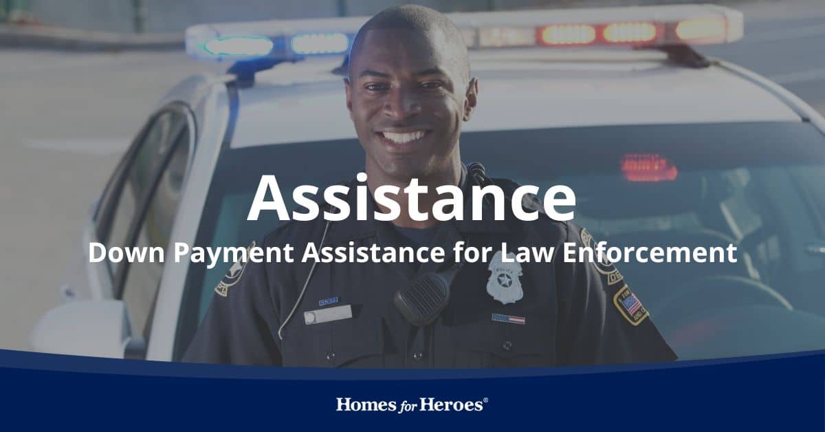 young police officer in uniform standing outside with squad car smiling was told about down payment assistance for law enforcement Homes for Heroes