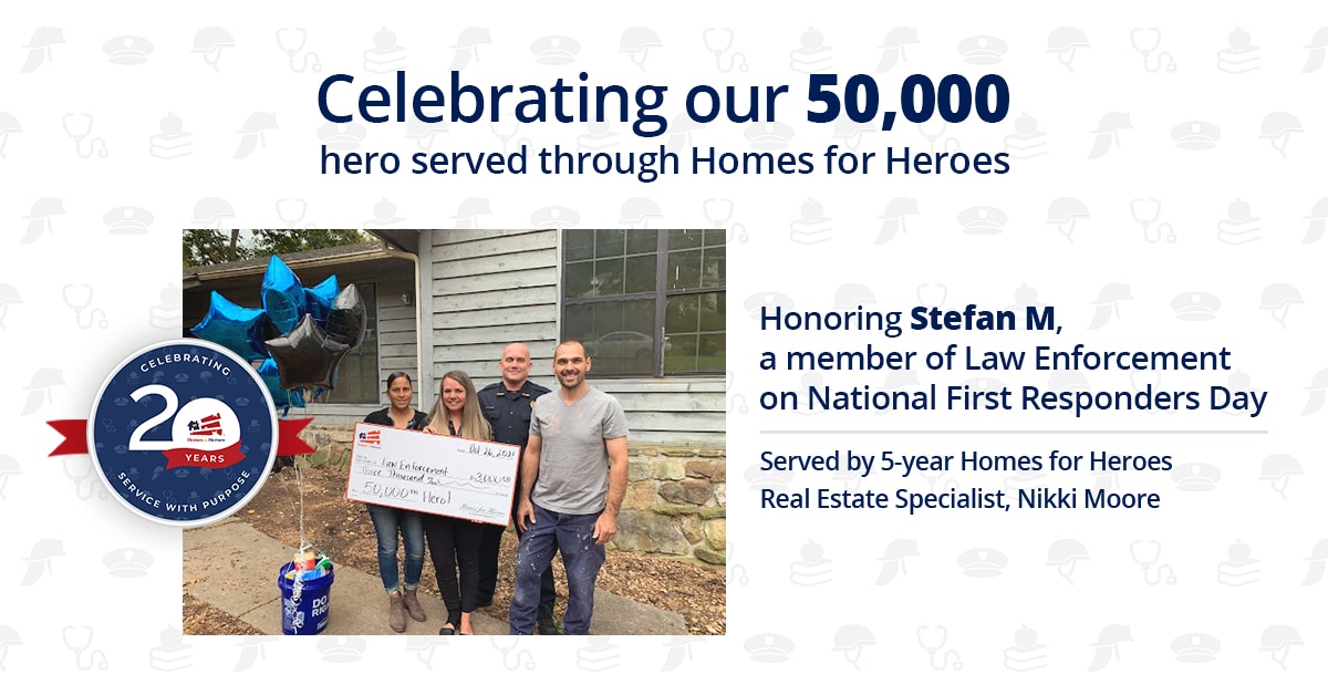 Homes for Heroes' 50,000th Hero Served poses with a giant check and his real estate agent, FOP president of Tennessee outside of his home
