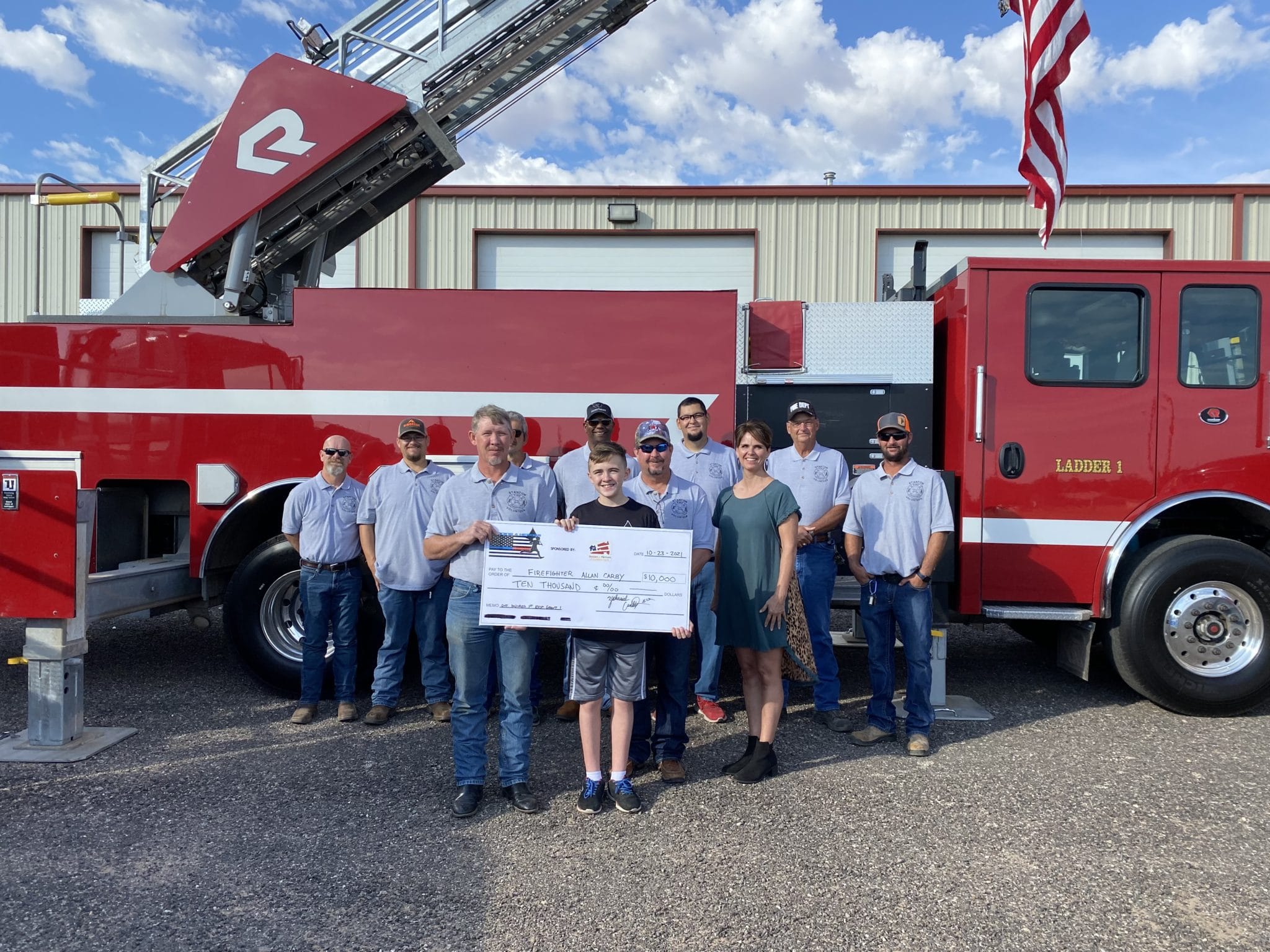 Firefighter Allan Carby was presented a grant for $10,000 by Running 4 Heroes and Homes for Heroes Foundation on October 23, 2021 at the Martin County Volunteer Fire House in Texas