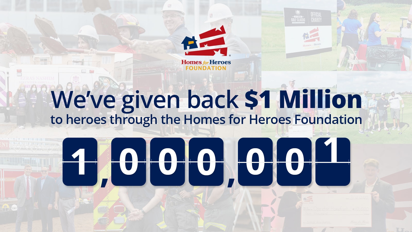 A ticker counter shows a count of one million while continuing to count up against a background of homes for heroes foundation's previous check presentations for grants given