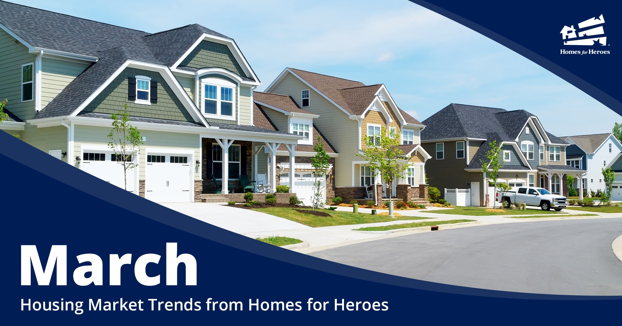 A row of houses on a block with the words March Housing Market Trends from Homes for Heroes overlaid