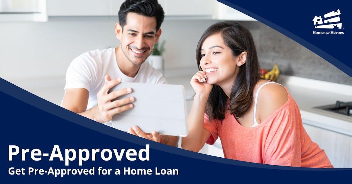 Man holding tablet with woman in kitchen get pre approved for a home loan Homes for Heroes