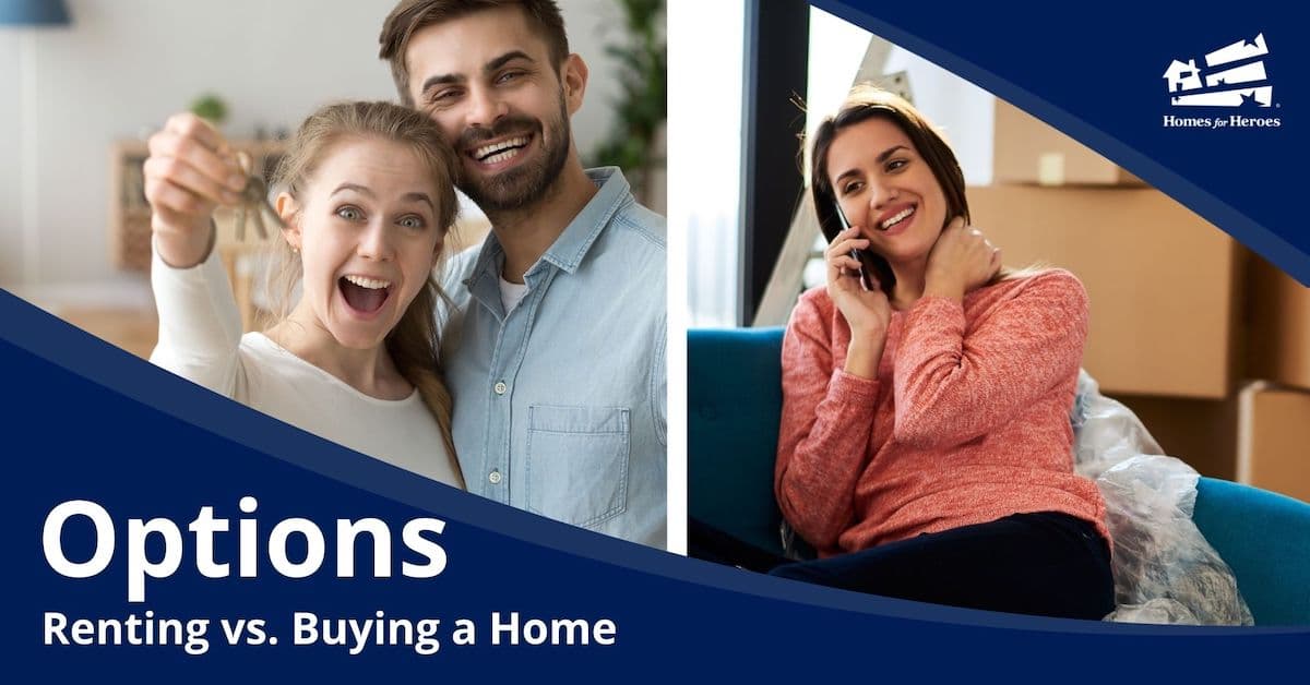 man woman holding keys to new home apartment woman on phone sitting on couch boxes renting vs buying Homes for Heroes