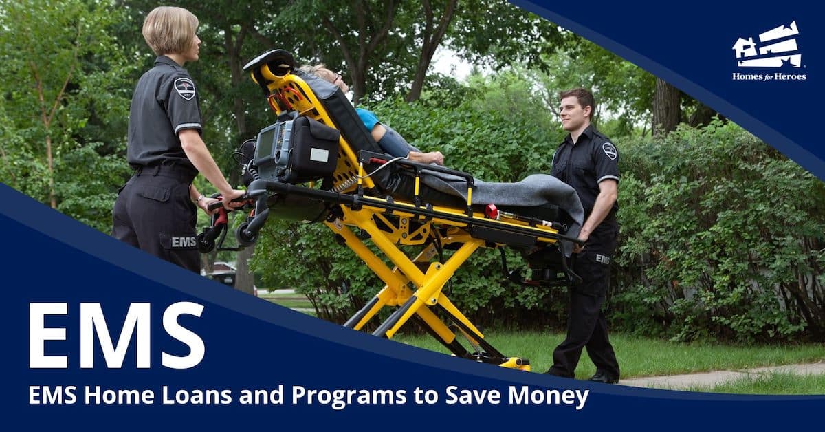 two ems transport stretcher with patient discussing ems home loans mortgages for emts paramedics Homes for Heroes