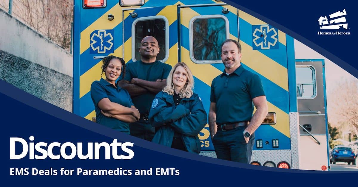 ems paramedics and emt four men and women standing next to ambulance speaking ems discounts Homes for Heroes