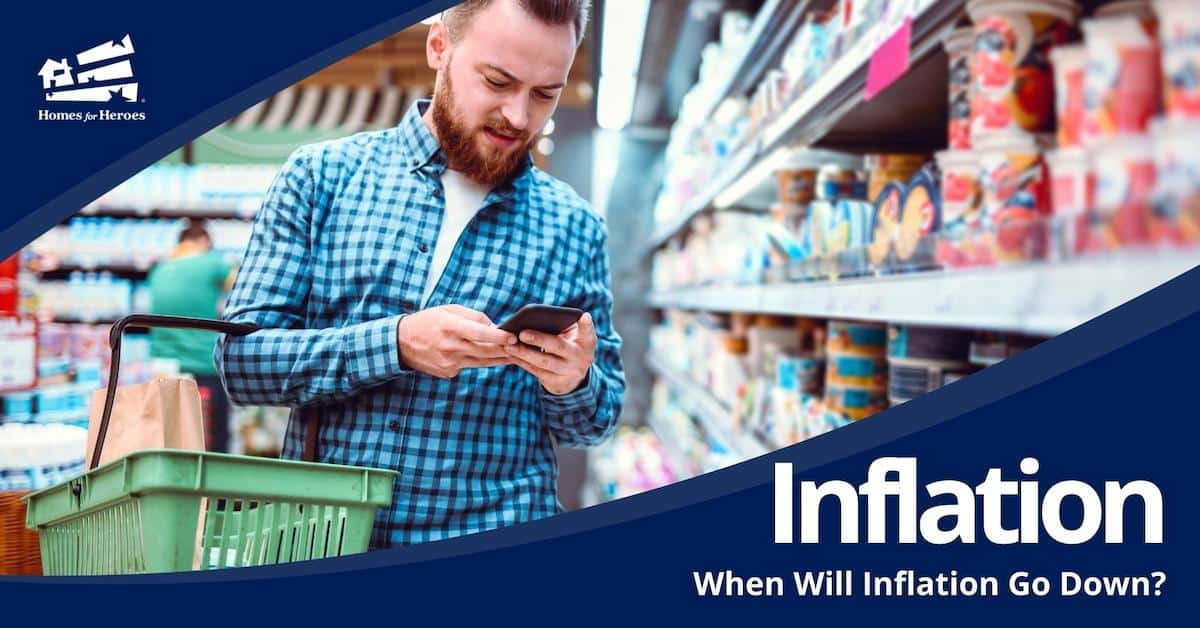 man holding cellphone in grocery store checking prices with basket on arm wondering when will inflation go down Homes for Heroes