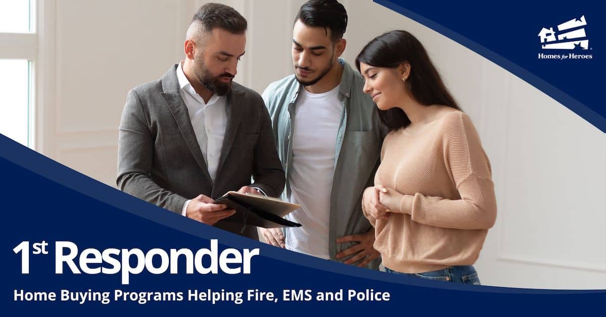 young married couple discussing purchase agreement with first responder home buying program Homes for Heroes real estate agent