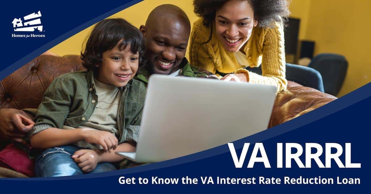 happy military family relaxing at home using computer parents discussing va irrrl loan streamline refinance Homes for Heroes