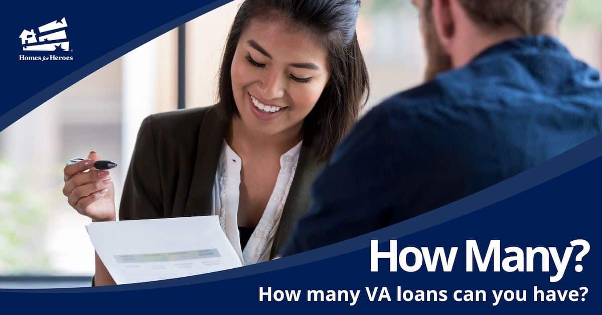 smiling young female loan officer explaining how many va loans you can have to male military veteran