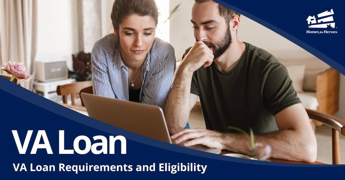 brunette man woman couple military member looking at laptop reviewing va loan requirements how to get va loan Homes for Heroes
