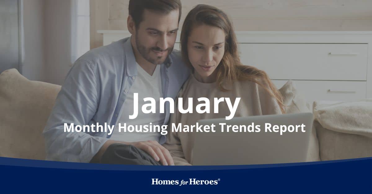 young married couple home buyers looking over housing market report for january get excited for new opportunities with growing inventory stabilizing prices interest rates dropping Homes for Heroes