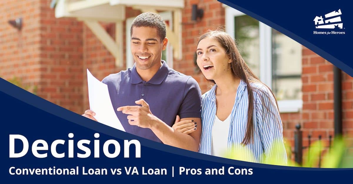 young military couple smiling walking together in neighborhood discussing options between conventional vs va loan financing