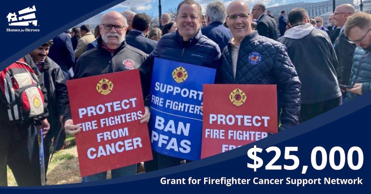 firefighter cancer support network supporters at US capital holding signs on behalf of firefighters Homes for Heroes Foundation awards 25000 grant check