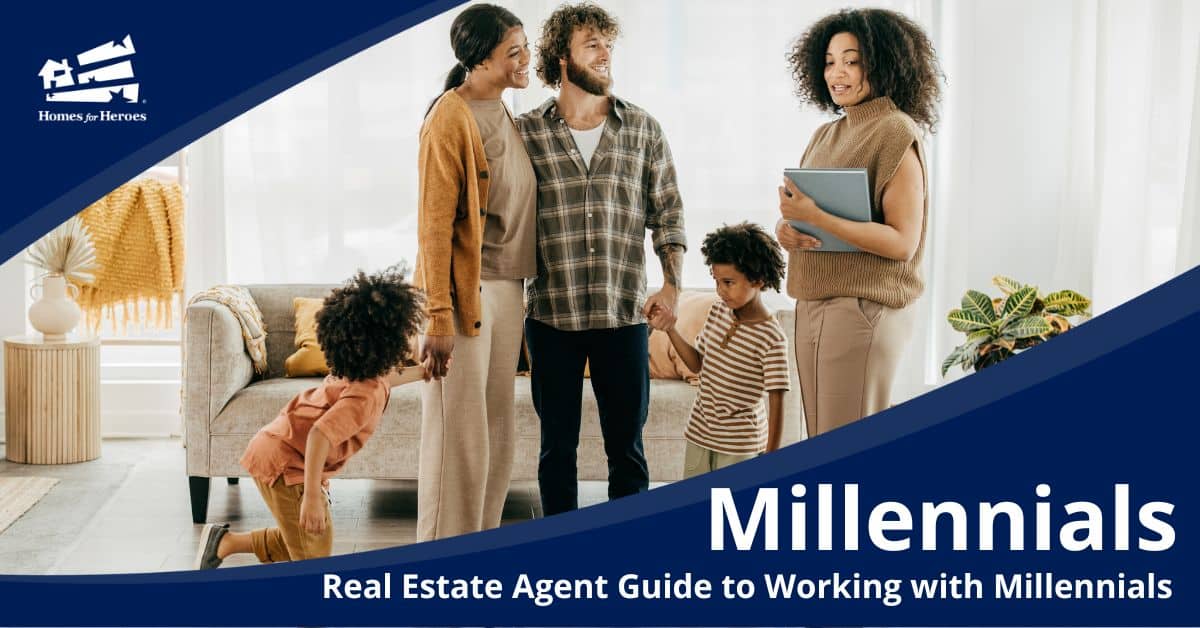 real estate agent working with millennials and kids standing in home discussing options Homes for Heroes