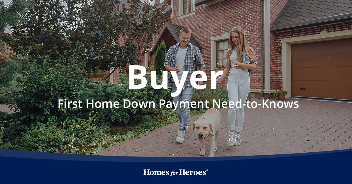 Couple walking dog in front of brick house and talking about first home down payment needs