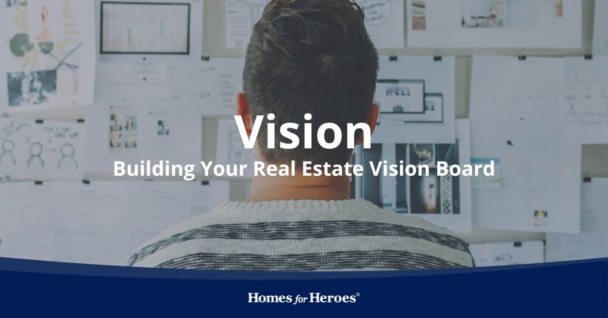 agent standing in front of board full of ideas to use for real estate vision board Homes for Heroes
