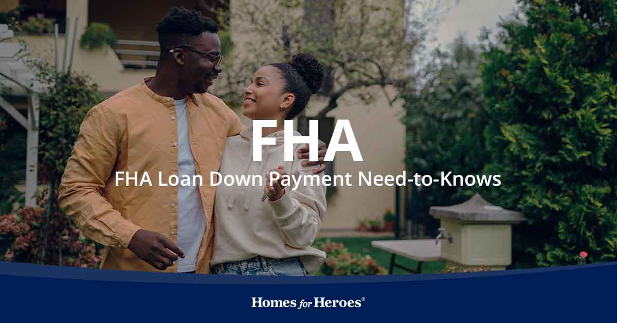 couple holding each other in front of house discussing the FHA loan down payment and what you need to know