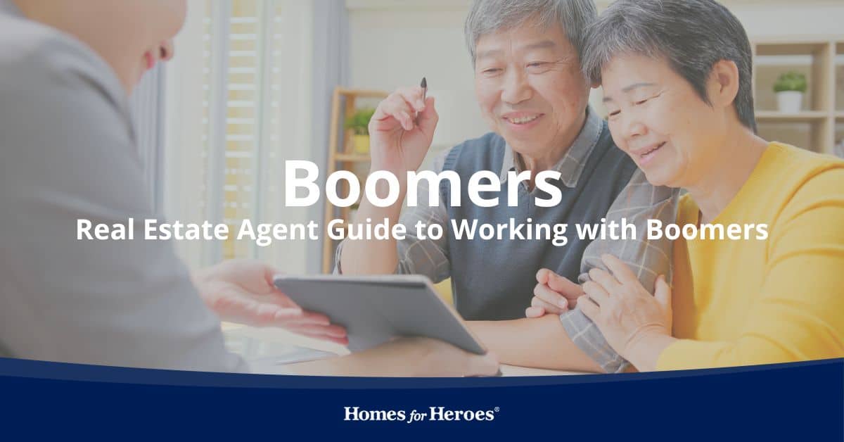 real estate agent working with baby boomers sitting at table in office looking at home listings on tablet Homes for Heroes