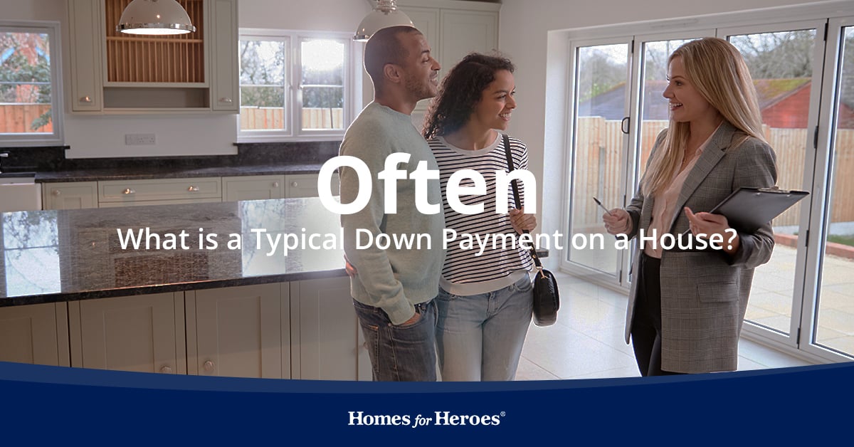 real estate agent talking to couple in kitchen about what a typical down payment is for a house