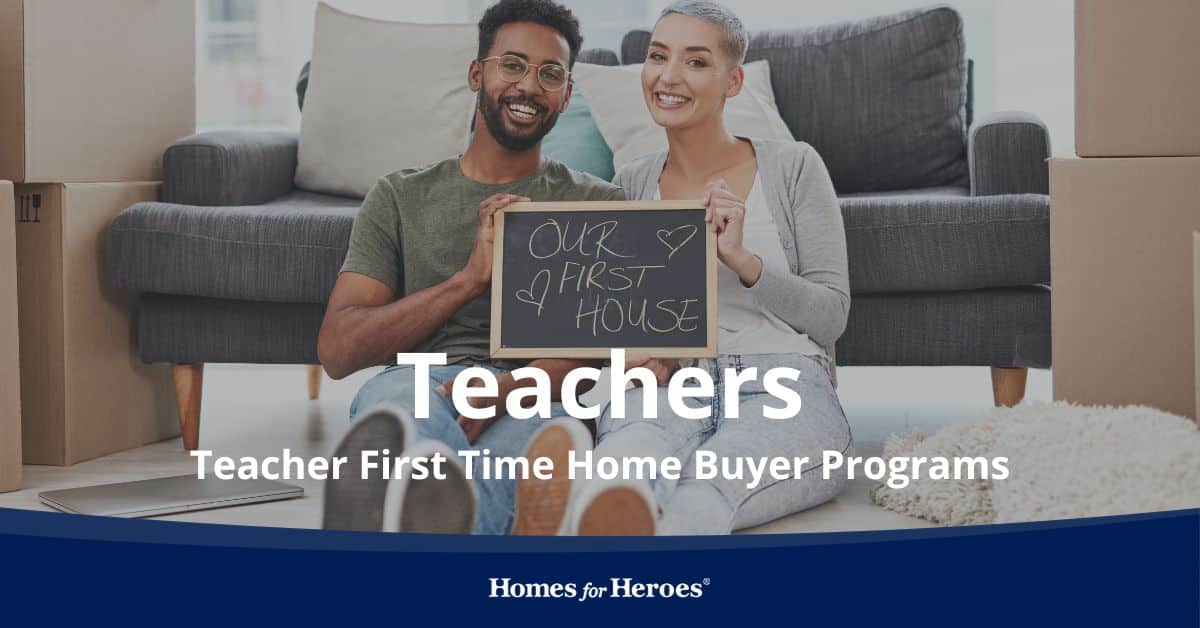 young couple sitting side by side on floor holding our first home sign who used teacher first time home buyer programs to purchase home Homes for Heroes