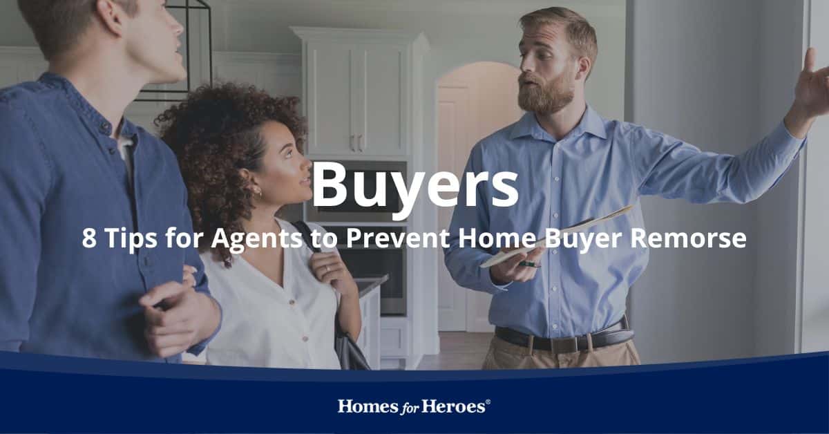 couple asking real estate agent questions about favorite home for sale to avoid potential home buyer remorse Homes for Heroes