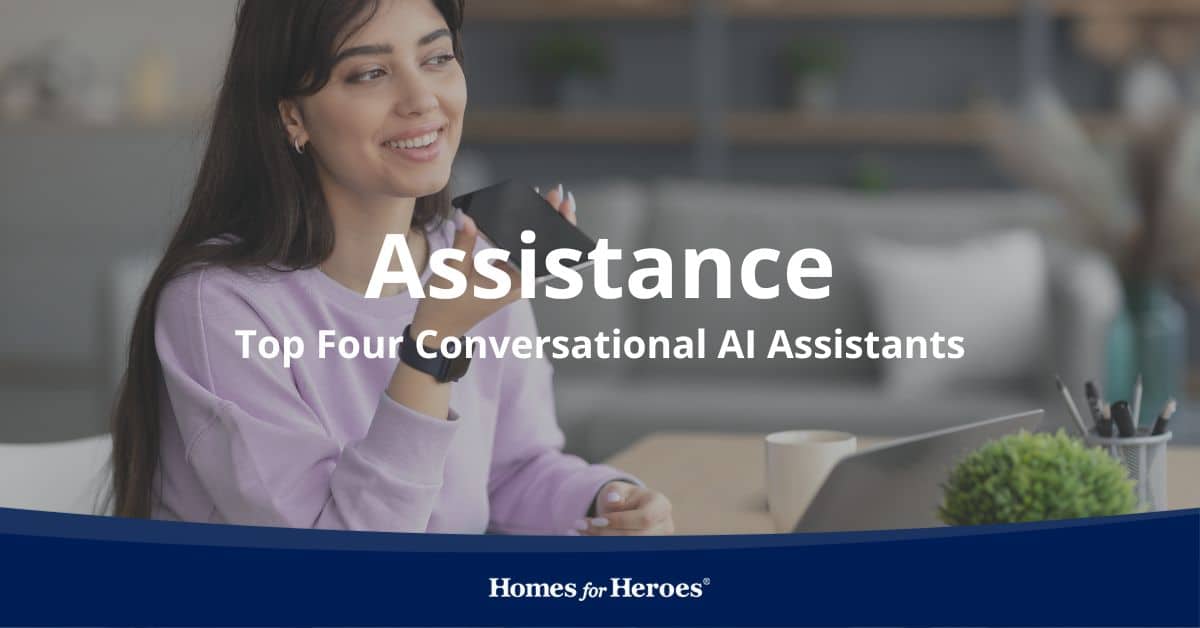 female agent sitting at desk with laptop using cell phone conversational ai assistant Homes for Heroes logo