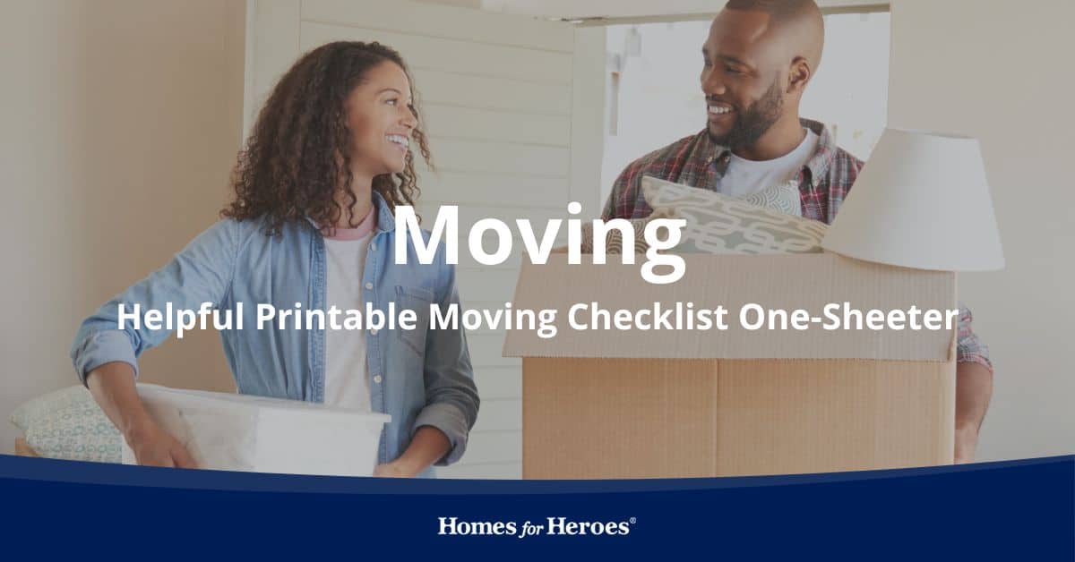 smiling young couple carry boxes through house using printable moving checklist to make sure their move goes smooth Homes for Heroes
