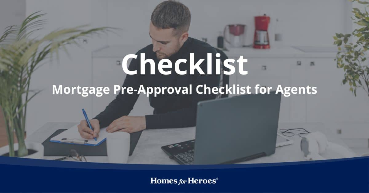 real estate agent sitting at desk in office with laptop taking notes regarding what to include in custom mortgage pre-approval checklist for his clients Homes for Heroes