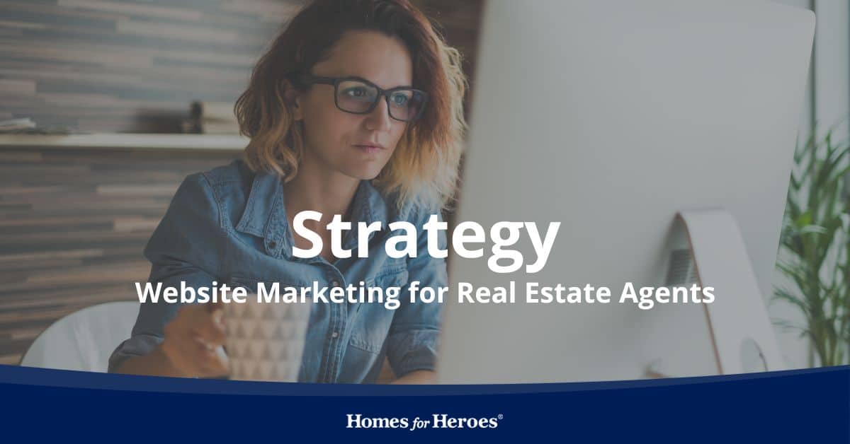 real estate agent holding coffee in office at desk on computer learning about marketing a website and different website marketing strategies Homes for Heroes