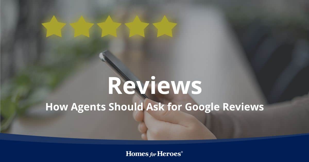 real estate agent on mobile phone sitting outside deciding how to ask client for Google Review 5 yellow stars horizontal row Homes for Heroes