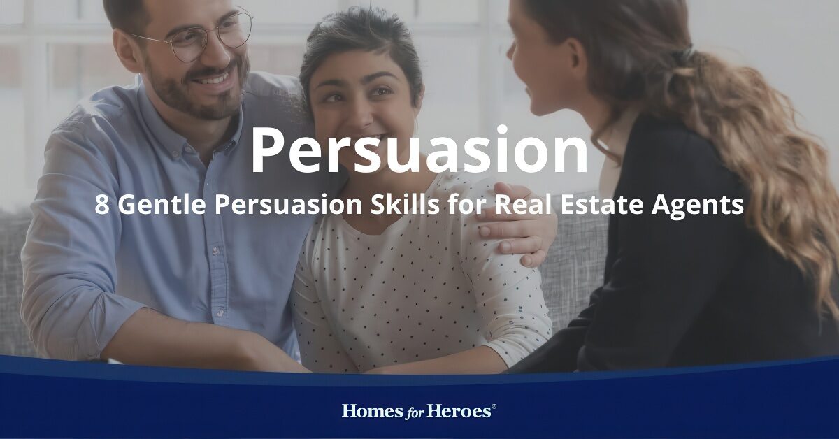young couple sitting on couch smiling listening to real estate agent skilled in gentle persuasion informing them of new offer Homes for Heroes