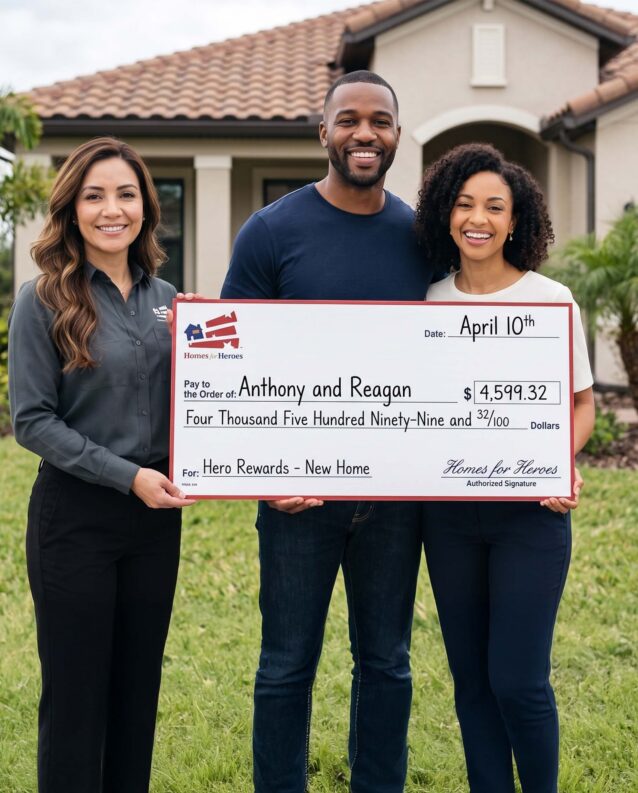 Anthony and Reagan stand in front of their new home alongside a real estate specialist, happily holding a giant Homes for Heroes reward check for $4,599.32 next to an "Another Hero Served" yard sign.