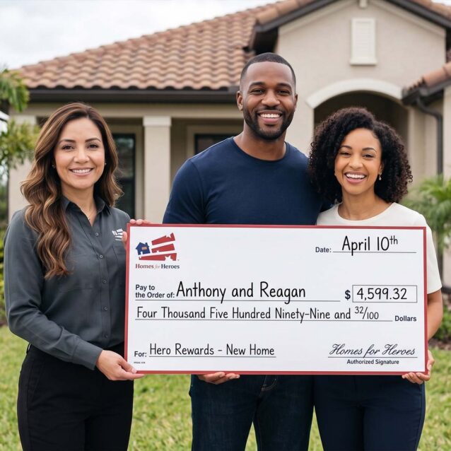 Anthony and Reagan standing with a real estate specialist in front of a modern home, holding a giant Hero Rewards check for $4,599.32.