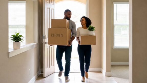 A smiling young couple, Anthony and Reagan, walking through the front door of their new house while carrying cardboard moving boxes, including one labeled "KITCHEN" and another holding a potted plant.