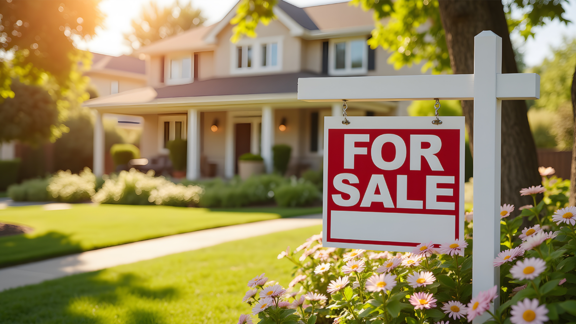 A red and white "FOR SALE" real estate sign stands in a sunny front yard garden bed filled with pink flowers, with a beautiful two-story suburban family home blurred in the background.