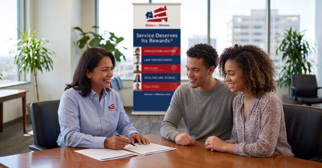 A Homes for Heroes affiliate lender wearing a branded shirt smiles while pointing to documents with a pen during a meeting with a couple at a desk. A banner in the background details hero professions served by the program.