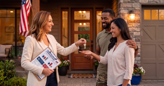 Compare hero savings and see which home buying program is right for you. A local real estate specialist holding a Homes for Heroes comparison guide clipboard hands house keys to a military couple, illustrating hero savings when evaluating Homes for Heroes vs other programs.